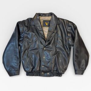 V Valenti Vintage Italian Leather Black Bomber Jacket MEDIUM